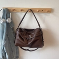 Retro dark brown large tote bag with lychee texture and silver decorative buckle - Coffee