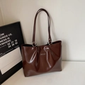 Modern dark chocolate tote bag with glossy pleated leather and silver buckles - Coffee No Charm