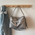 Silver metallic tote bag with lychee texture, featuring buckle straps and large capacity - Silver