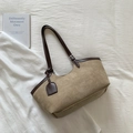 Borsa tote retrò in camoscio kaki con finiture in pelle marrone e tracolla - Cachi