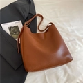 Minimalist vintage dark brown pebbled leather large shoulder bucket bag for women - Brown