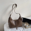 Sac hobo vintage marron foncé en cuir texturé avec détails de fermeture éclair longue - Beige Kaki Sans Breloque