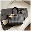 Plaid large tote bag in black and gray with cute plush puppy charm for women's daily commute - Black with Pendant