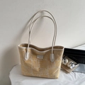 Fashionable yellow woven tote bag with white leather straps and front patch detail - No Pendant / Yellow