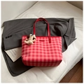 Pink gingham tote bag with red leather handles and cute white puppy plush charm - Red with Pendant