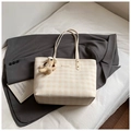 Creamy white checkered large tote bag with a cute puppy pendant for daily commuting - Beige With Charm