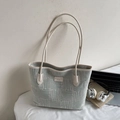 Light green textured large tote bag with chic woven pattern and slim leather straps - No Pendant / Green