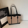Retro large capacity tote bag in beige suede and black leather trim for daily commuting - No Pendant / Khaki