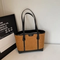 Brown suede tote bag with black leather handles and trim in a stylish minimalist design - No Pendant / Brown