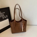 Vintage dark brown tote bag with beaded pendant and gold logo for daily commuting - Brown (With Pendant)