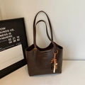 Deep brown leather tote bag with gold lettering and wooden bead tassel accessory - Coffee (With Pendant)