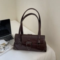 Chic dark brown vintage shoulder bag with silver rivet details and metallic buckle - Brown