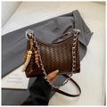 Close-up of dark brown woven shoulder bag featuring silver chain and colorful wooden beads - Coffee (With Pendant)