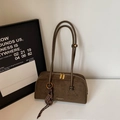 Deep coffee brown frosted suede underarm bag with double straps and gold zipper detail - Green with Pendant