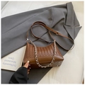 Brown woven crescent shoulder bag with silver chain and adjustable leather strap - Brown