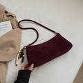 Retro burgundy suede underarm bag with vintage wooden bead charms and shoulder strap - Red with Pendant