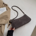Minimalist dark gray suede baguette bag with vintage wooden bead tassel detail - Gray With Pendant