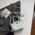 Blue and white checkered small handbag with golden buckle and adjustable crossbody strap - Blue Without Charm