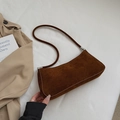 Dark brown suede baguette bag with slim shoulder strap and silver metal hardware accents - Brown No Pendant