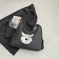 Borsa hobo in tela grigio scuro con toppa cane in peluche bianco e tracolla regolabile - Marrone Scuro