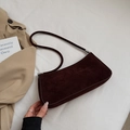 Retro dark brown suede underarm baguette bag with silver hardware for daily commute - Brown No Pendant