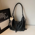 Large black PU leather hobo bag with a soft surface and cute plush bear charm accessory - With Charm / Black