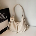 Minimalist beige PU leather hobo shoulder bag with a cute plush bear charm accessory - With Charm / Off White