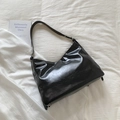 Glossy black patent leather hobo shoulder bag with stylish silver metal hardware - Black
