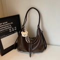 Dark brown faux leather hobo bag with adjustable strap and cute white bear keychain - With Charm / Coffee