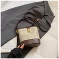 Chic beige and dark brown leather bucket bag with gold twist lock and shoulder strap - Grey Coffee Without Pendant