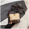 Chic beige and dark brown bucket bag with gold lock and adjustable leather strap - Rice White (No Pendant)