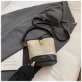 Contrast bucket bag in beige canvas and black leather with golden hardware - Grey Black Without Pendant
