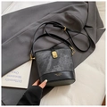 Minimalist grey and black contrast leather bucket bag with gold metal buckle - Black without Pendant