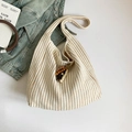 Striped knit hobo bag in beige and light brown with rustic wooden bead charm - With Pendant / White