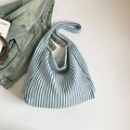 Light blue and white vertical striped knit tote bag with soft elastic texture and strap - No Pendant / Blue