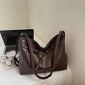 Retro deep brown large capacity tote bag with oil wax texture and laptop context - Brown