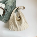 Striped knit hobo shoulder bag in cream and brown with a minimalist soft pleated design - No Pendant / White