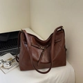 Vintage brown faux leather large capacity tote bag with decorative straps and gold buckles - Brown