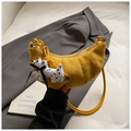 Fashionable bright yellow croissant bag in matte finish with a cute dog pendant decoration - Yellow with Pendant