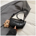 Black croissant bag with pleated design, knotted strap and cute plush bear charm - Black with Pendant