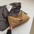 Bolso de hombro de lona marrón con ribete de cuero y correa ajustable para mujer - Camel