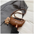 Brown croissant shoulder bag with knotted rope strap and cute teddy bear charm - Brown with Pendant
