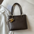 Dark brown faux leather tote bag with vintage texture and cute bear pendant charm - With Charm / Brown