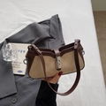Borsa a tracolla in pelle scamosciata beige e marrone con impunture e chiusura a scatto - Bianco Sporco