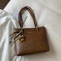 Minimalist large capacity dark brown tote bag with PU leather texture and plush bear charm - With Charm / Brown