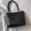 Classic large black PU leather tote bag with elegant golden hardware and dual shoulder straps - No Pendant / Black