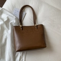 Classic dark brown tote bag in premium faux leather with elegant gold metal hardware detail - No Pendant / Brown