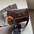 Vintage dark brown tote bag with leather chain strap and cute teddy pendant - Coffee with Pendant