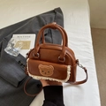 Brown faux leather mini crossbody bag with a cute teddy bear patch and lace trim detail - Brown