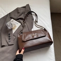Vintage dark brown embossed leather shoulder bag with gold metal trim and chain strap - Coffee without Pendant